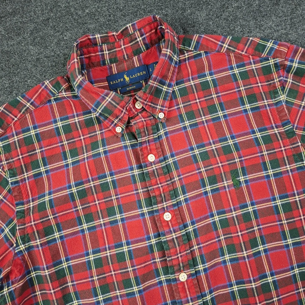 Men's Size L Ralph Lauren Slim Fit Cotton Flannel Shirt Red Tartan Plaid Preppy